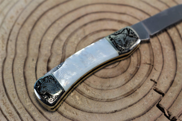 Katsuhiko Miura KM-7 Mini Art Knife "Eagle, Crane or Fox", White MOP Handle - japaneseknifedirect.mom