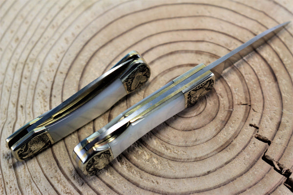 Katsuhiko Miura KM-7 Mini Art Knife "Eagle, Crane or Fox", White MOP Handle - japaneseknifedirect.mom