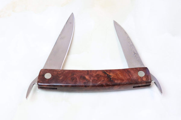 Kei Goto GH-90Q Higonokami Folders Core-Less Damascus Two Blade Version | Quince Burl Wood Handle - japaneseknifedirect.mom