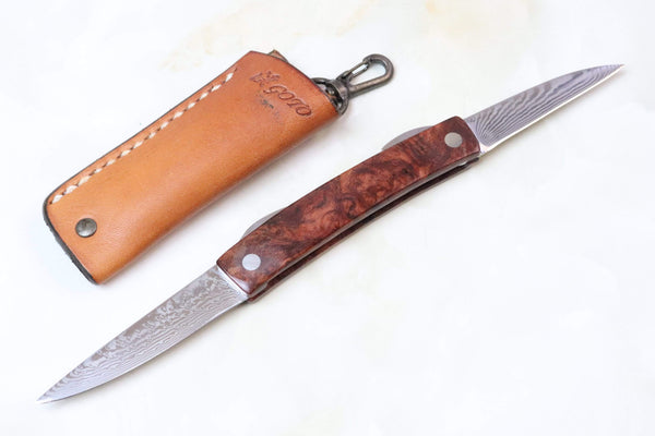 Kei Goto GH-90Q Higonokami Folders Core-Less Damascus Two Blade Version | Quince Burl Wood Handle - japaneseknifedirect.mom