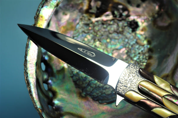 Koji Hara KH-350 "SCOTCH IV" Flipper Folder| Mosaic Black & Gold Lip MOP - japaneseknifedirect.mom