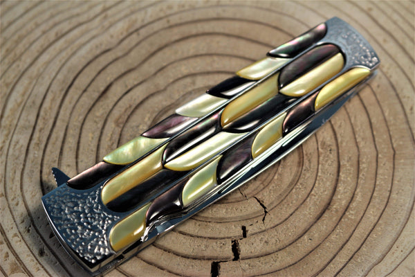 Koji Hara KH-350 "SCOTCH IV" Flipper Folder| Mosaic Black & Gold Lip MOP - japaneseknifedirect.mom