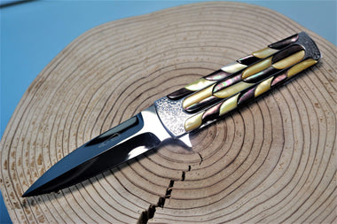 Koji Hara KH-350 "SCOTCH IV" Flipper Folder| Mosaic Black & Gold Lip MOP - japaneseknifedirect.mom