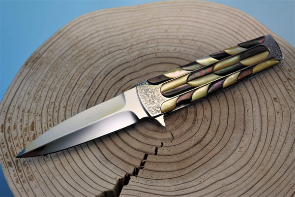 Koji Hara KH-350 "SCOTCH IV" Flipper Folder| Mosaic Black & Gold Lip MOP - japaneseknifedirect.mom