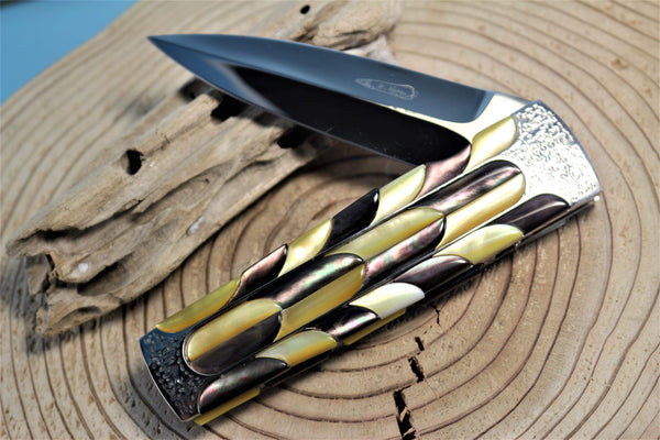 Koji Hara KH-350 "SCOTCH IV" Flipper Folder| Mosaic Black & Gold Lip MOP - japaneseknifedirect.mom