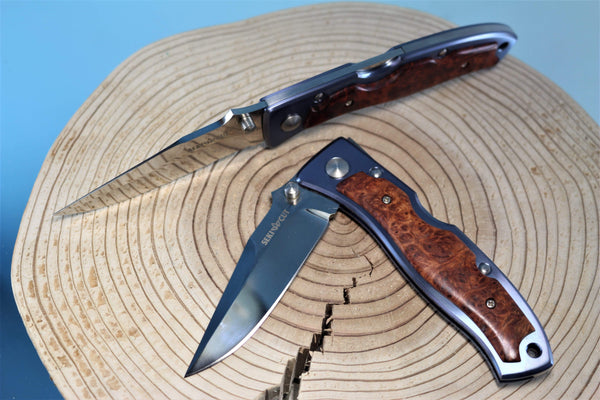 Seki Cut SC-168 Blue Impulse Front Lock Folder | Quince Burl wood Handle