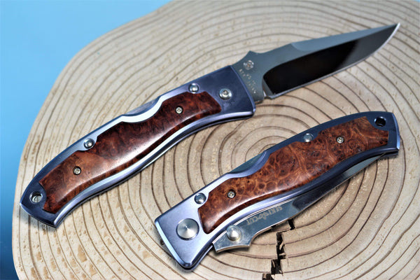 Seki Cut SC-168 Blue Impulse Front Lock Folder | Quince Burl wood Handle